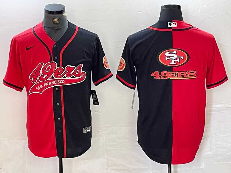 Mens San Francisco 49ers Big Logo Red Black White Blue Two Tone Stitched Baseball Jersey->->NFL Jersey